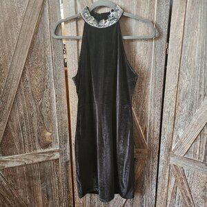 Yoins Black Sleeveless Cocktail Mini Dress Size L 12‎ Velvet Stretch Glitter NWT